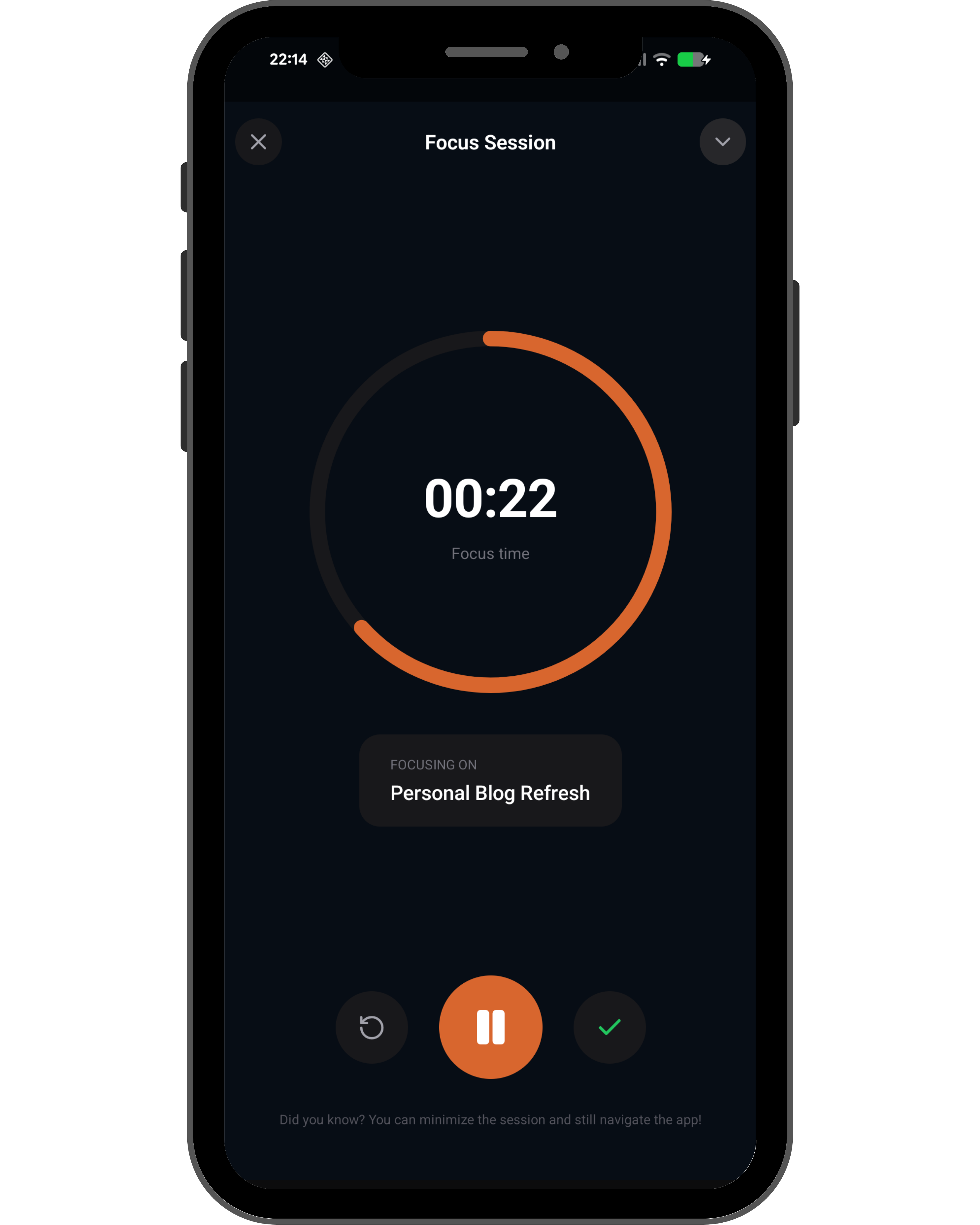 voliflow Focus Session screen showing a circular orange timer counting down on the task 'Personal Blog Refresh'