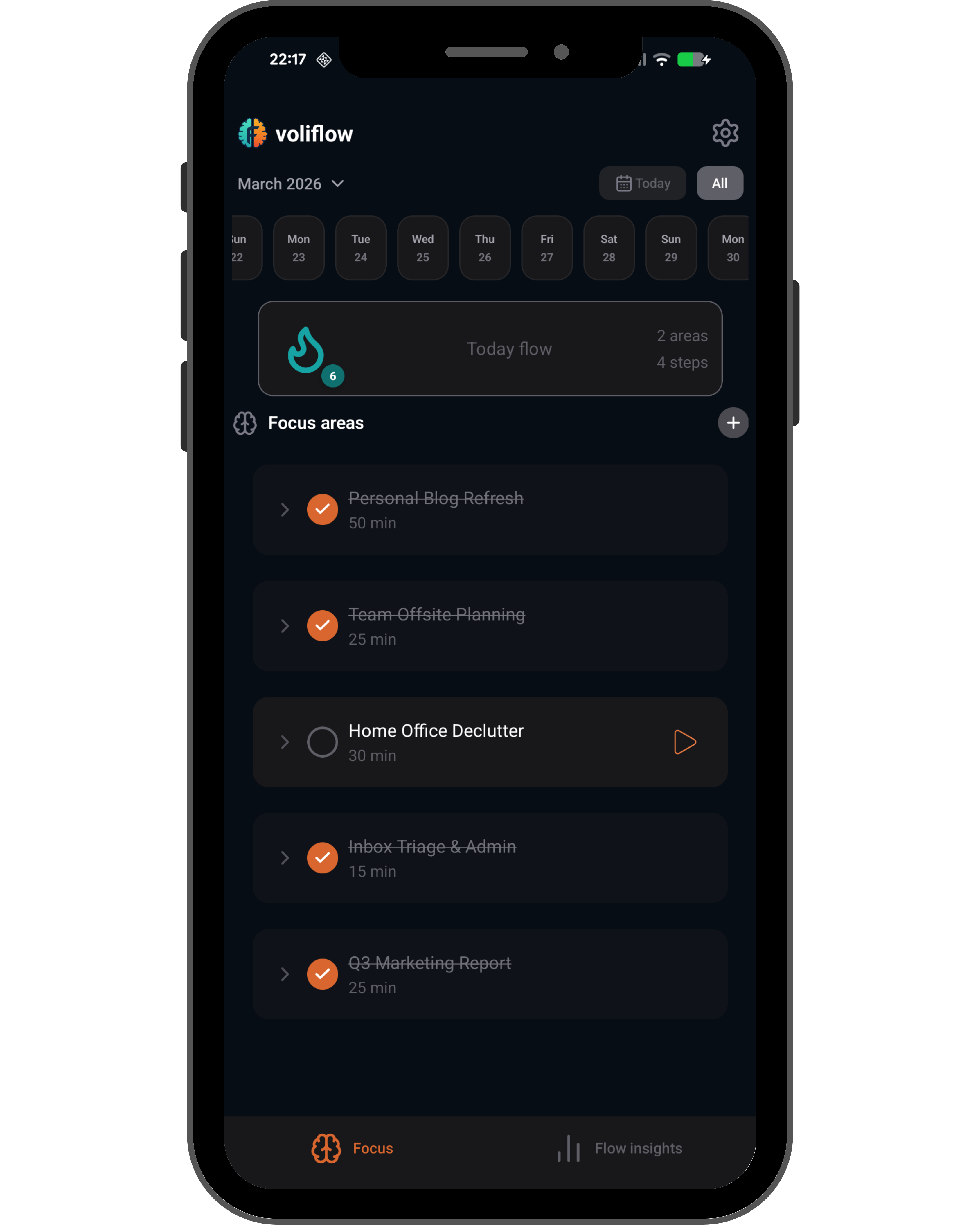 voliflow home screen showing focus areas list